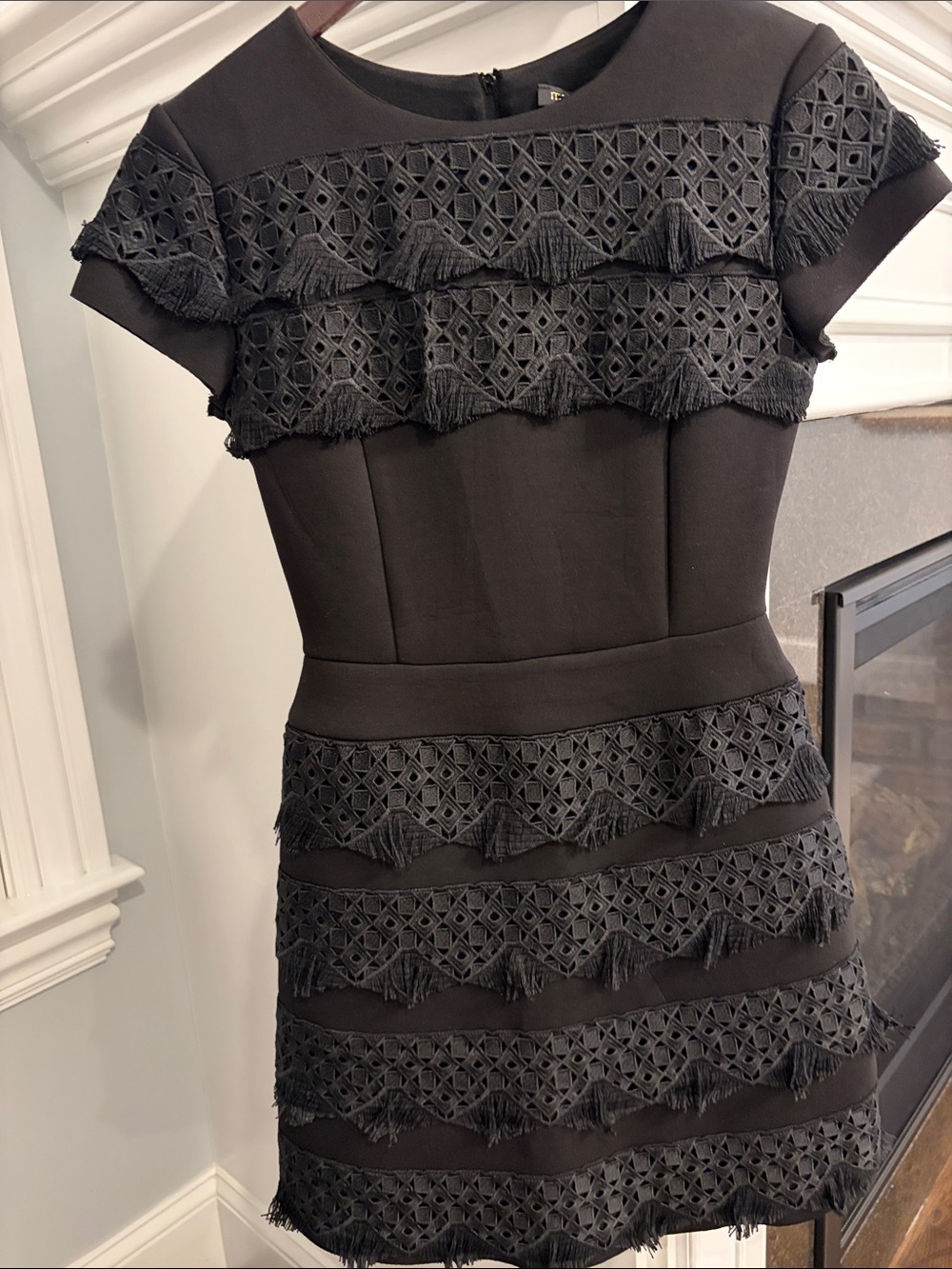 Maje Black Fringe Lace-Trim Mini Dress
